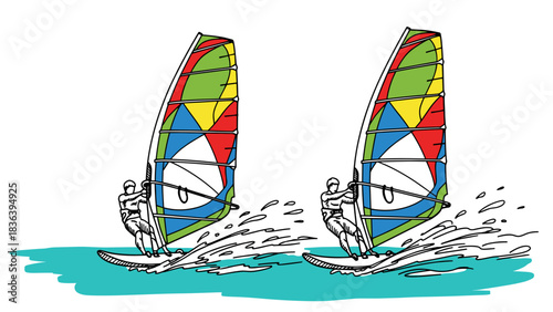 Colorful windsurfers on water with splashing waves in dynamic hand-drawn style