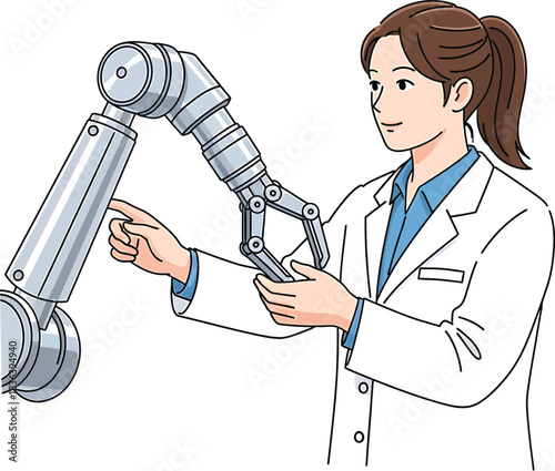 Female engineer programming robot arm