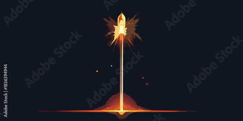 Fiery rocket launching into dark space with sparks