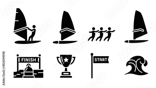 Windsurfing and racing icons: minimalist black silhouettes for active leisure