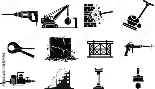 Collection of construction and demolition tools and equipment icons