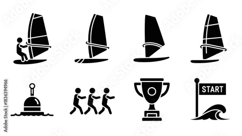 Silhouette icons of sailing and sports activities for competitions