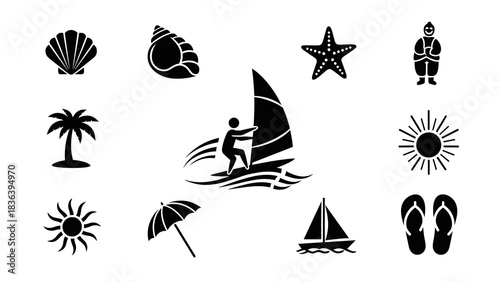 Beach vacation icons: surfing, seashells, and summer fun in black and white