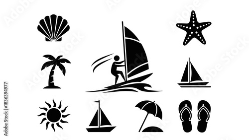 Beach adventure icons: silhouette style featuring windsurfing, palm tree, and sea elements