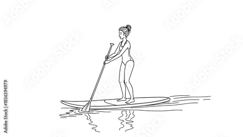 Woman paddleboarding outline drawing on water