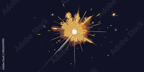 Bright sparkler exploding with golden light against dark night sky