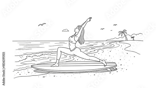 Woman practicing yoga on surfboard at beach in hand drawn style