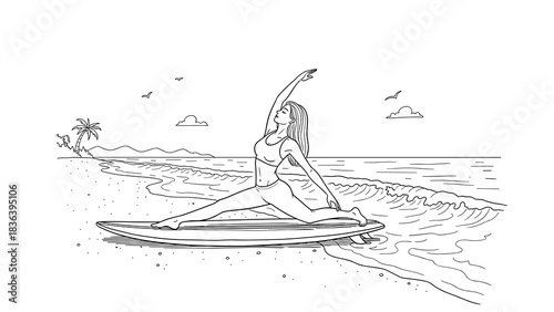Yoga on the beach: woman in seated splits pose on surfboard with ocean waves and palm trees