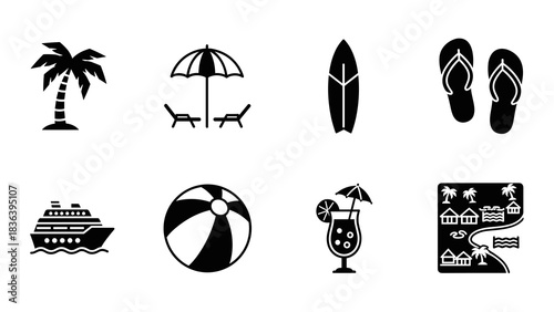 Silhouette beach icons set: palm, surfboard, cruise, umbrella, sandals, map, drink, ball