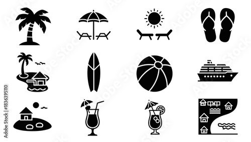 Silhouette icons of beach and summer: palm tree, surfboard, cocktail, cruise ship