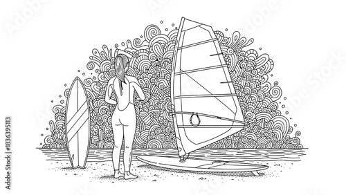 Intricate black and white surf scene with surfboards and waves