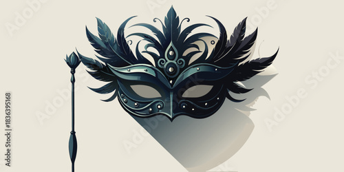 Elegant black masquerade mask with feathers and stick