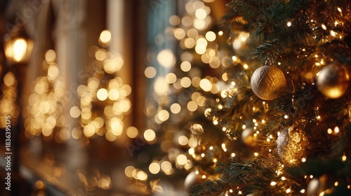 Golden Christmas Tree with Ornaments and Blurred Lights in Background