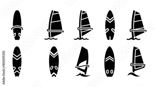 Windsurfing board silhouettes set for water sports icons and design