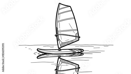 Sailboard sketch on calm sea in black and white
