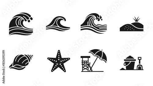 Beach silhouette icons: waves, sandcastles, and lifeguard station