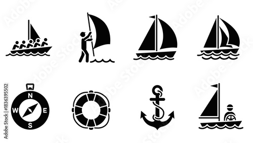 Nautical silhouette icons: sailboats, compass, anchor, and more for maritime designs
