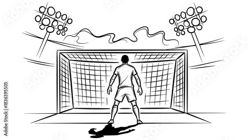 Soccer player in penalty kick position at stadium with spotlights