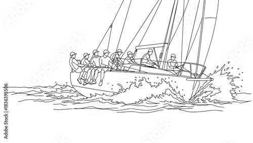 Sailing adventure in minimalist style: sailboat crew navigating waves