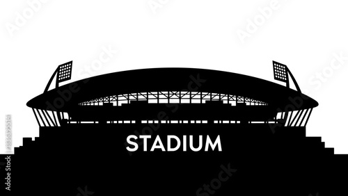 Silhouette of modern stadium with roof and lights on white background