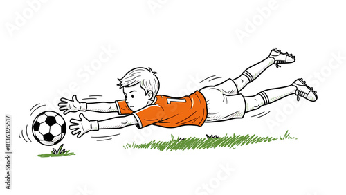 Dynamic goalkeeper save in action: black and white sketch of diving soccer player