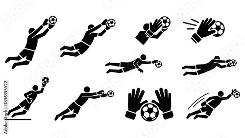 Goalkeeper actions silhouette collection: dynamic soccer saves and poses