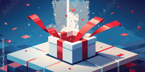 Surprise gift box exploding with confetti and ribbons
