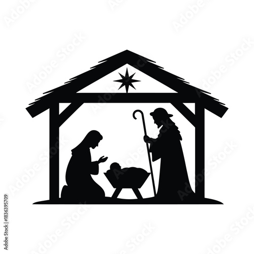 Nativity scene silhouette of mary joseph and baby jesus in stable