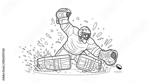Dynamic ice hockey goalie in action with dramatic save in black and white line art