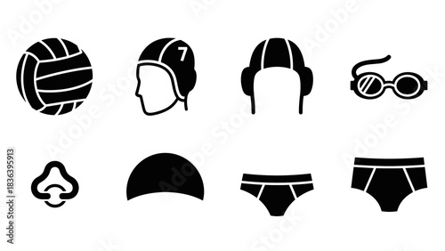 Water polo equipment icons set in simple black silhouette style for sports themes