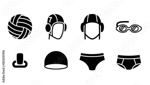 Silhouette icons of water polo equipment: ball, caps, goggles, and more
