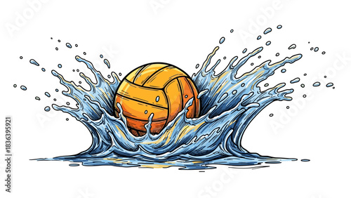 Vibrant water polo ball splashing in dynamic comic style with blue waves