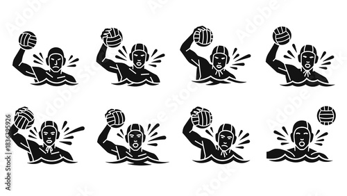 Water polo player silhouettes displaying dynamic throws and splashes