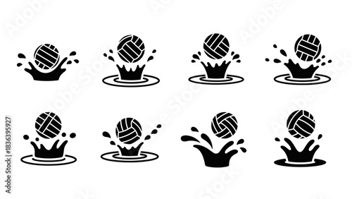 Water polo ball splash icons in black silhouette style