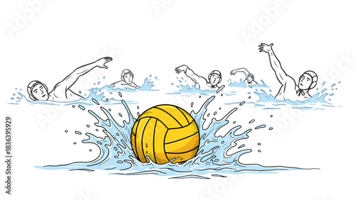 Water polo match with players swimming and splashing around a yellow ball
