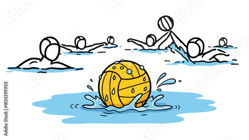 Dynamic water polo match with splashing ball and players in motion