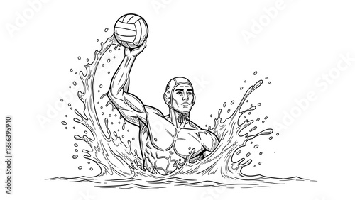 Dynamic water polo player sketch in action with splash elements