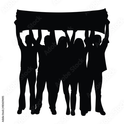 Group of People Holding Banner Silhouette, Protest, Demonstration, or Teamwork Concept Vector