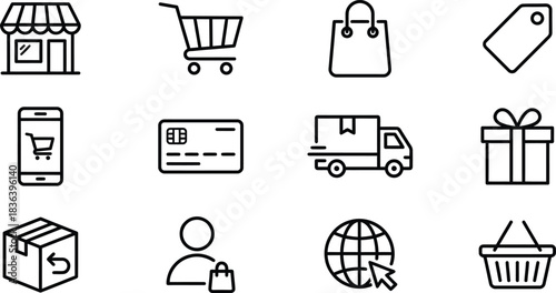 Collection of hand drawn online shopping icons representing e commerce retail delivery and customer service for website and app design isolated on white background