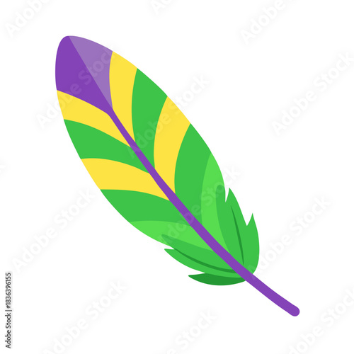 Colored vector icon of a feather, symbolizing Mardi Gras decoration, carnival style and festive celebration, isolated on a transparent background