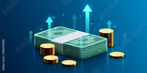 Dynamic financial growth concept featuring a stack of banknotes and golden coins with upward arrows.