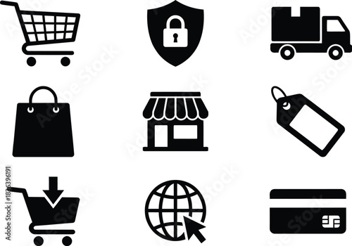 Collection of black and white e commerce icons representing online shopping security delivery retail store global access and payment methods for a modern digital marketplace
