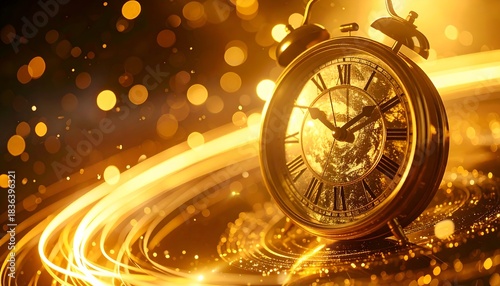 Golden Clock Striking Midnight Surrounded By Light Trails And Bokeh