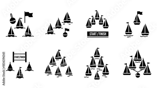 Minimalist boat race icons: black and white nautical silhouettes for events