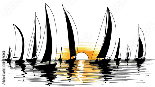 Elegant sailing boats silhouette at sunset with reflective water