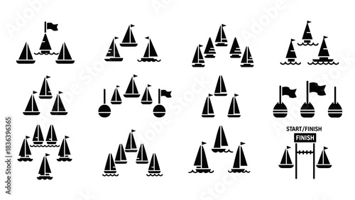 Sailing boat silhouettes with nautical race indicators and finish line