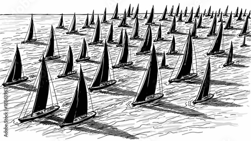 Dynamic sketch of sailboats racing on the open sea
