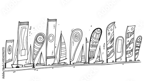 Abstract line art cityscape with unique modern architecture and sailboats