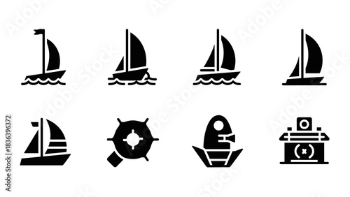 Minimalist sailboat icon set: silhouette nautical designs with maritime elements
