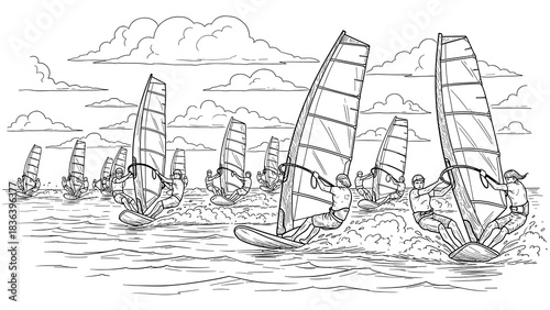 Dynamic line art of windsurfers racing on waves with cloudy sky background